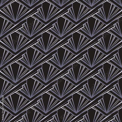 Art deco style geometric seamless pattern in black and silver. Vector illustration. Roaring 1920 s design. Jazz era inspired . 20 s. Vintage Fabric, textile, wrapping paper, wallpaper.