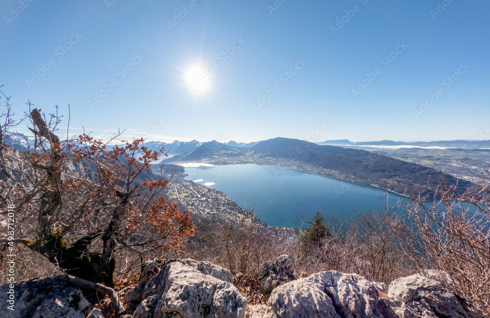 Hike around Mont Veyrier and Mont Baron with magnificent panoramic views of mountains and the Lake Annecy, Annecy, France Hike around Mont Veyrier and Mont Baron with magnificent panoramic views of mountains and the Lake Annecy, Annecy, France