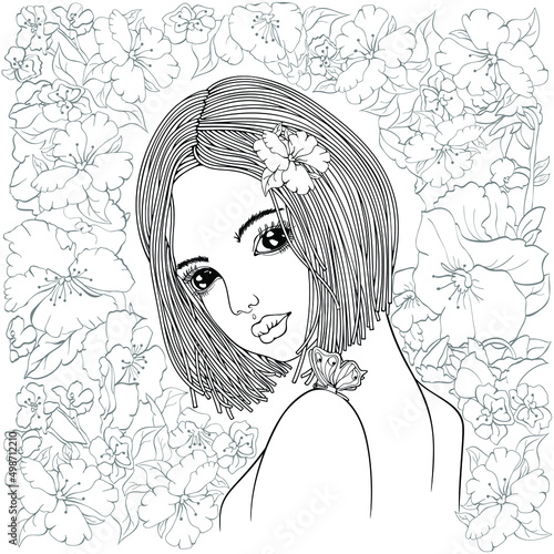 Doodle Portrait Young Lady Short Hair Art Deco Front View Glamour Women. Stationery, mug, t shirt, phone. Coloring book page for adult and children. Zentangle style, Crypto Icon, NFT template. 