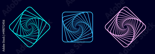 Set of abstract swirling symbols. Twisted wireframe tunnel. Curved blue shape. Technology glowing colored squares.