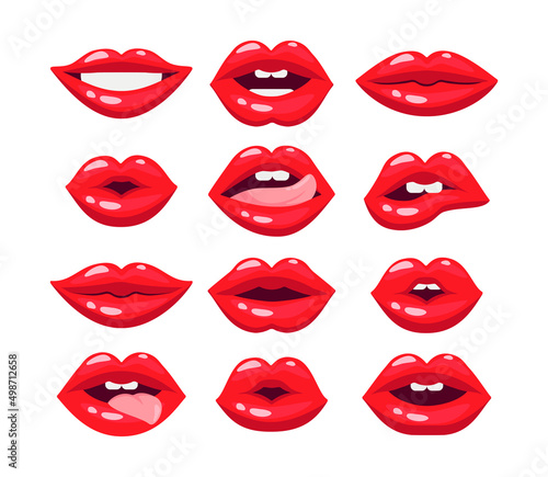 Lips of women with red lipstick vector illustrations set. Collection of cartoon drawings of closed and open comic female mouths, lip gloss, girl sending kiss, biting lip. Love, desire, glamour concept