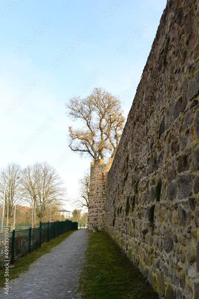 ancient stone wall of the fortress on a spring day