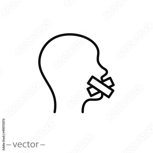 discrimination or censorship icon, no freedom of speech, at person has tape on mouth, infringement right human to speak, violence for people, thin line symbol - editable stroke vector illustration