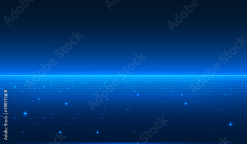 Abstract Futuristic Background of Grid Dots, Lines Perspective Floor With Blue Horizontal Alignment Digital Data Network Transfer Concept Vector Illustration.