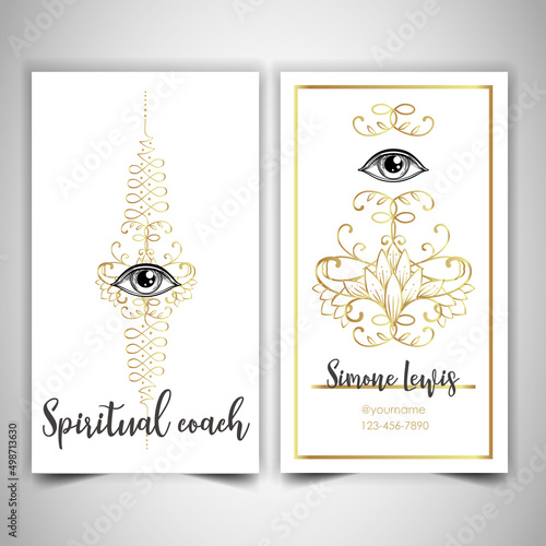 Fortune teller, spiritual coach, mystic healer business card design template. Vector illustration. Magic.