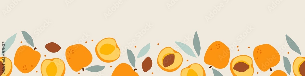Seamless apricot fruit border. Fruits with leaf hand drawn sketch. Whole fruit and cut half. Silhouette vector for wallpaper. Food template for menu, cover, packaging design, label and branding