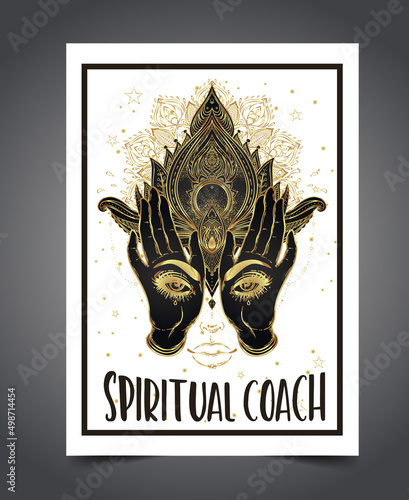 Magician, fortune teller or tarot reader card design template. all seeing eye with rays. Vector Illustration. Mysterious black girl over sacred geometry symbols. Alchemy, spirituality, occultism.