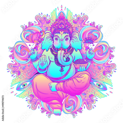 Beautiful hand-drawn tribal style elephant. Colorful paisley design, boho man...