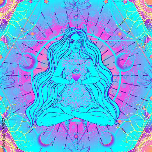 Psychedelic seamless pattern with magic girl sitting and meditation in lotus position over geometry. Vector repeating illustration. Psychedelic concept. Rave party, trance music. Esoteric art.