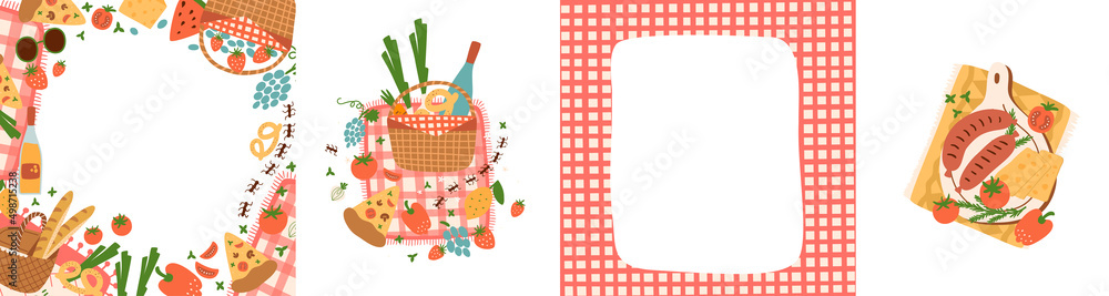 Picnic party poster set. Summer picnic party invitation frame with picnic basket, picnic blanket, picnic food, pizza, sausages. Outdoor picnic collection. Vector illustration card. Garden party banner