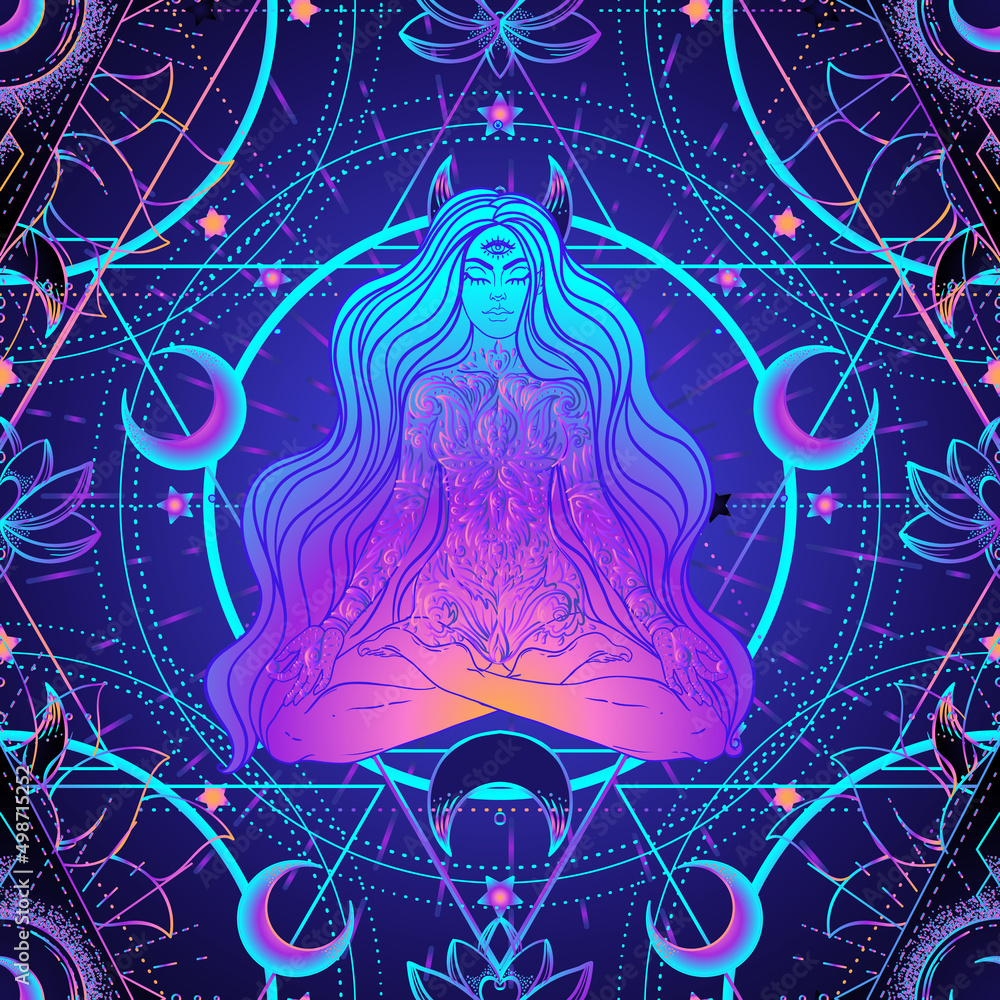 Psychedelic seamless pattern with magic girl sitting and meditation in lotus position over geometry. Vector repeating illustration. Psychedelic concept. Rave party, trance music. Esoteric art. - obrazy, fototapety, plakaty 