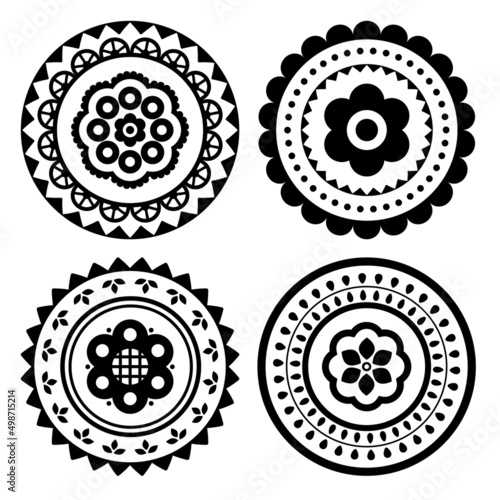 Polish folk art vector mandala design set with flowers, round traditional patterns  - perfect for greeting card or wedding invitation in black and white
 