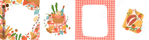 Obraz na płótnie Picnic party poster set. Summer picnic party invitation frame with picnic basket, picnic blanket, picnic food, pizza, sausages. Outdoor picnic collection. Vector illustration card. Garden party banner w salonie