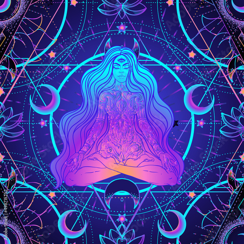 Psychedelic seamless pattern with magic girl sitting and meditation in lotus position over geometry. Vector repeating illustration. Psychedelic concept. Rave party, trance music. Esoteric art.