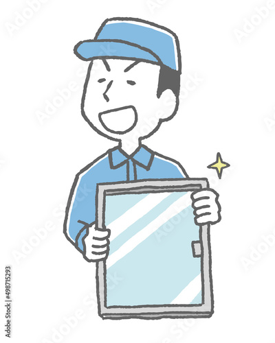 ガラスを交換する作業員男性