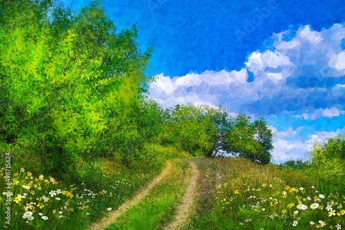 Oil paintings landscape with sky and green grass  road in the field