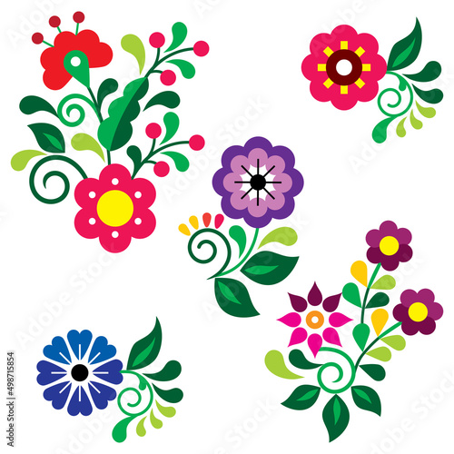 Floral folk art style vector design elements perfect for greeting card on invitation, inspired by traditional embroidery from Mexico
 
