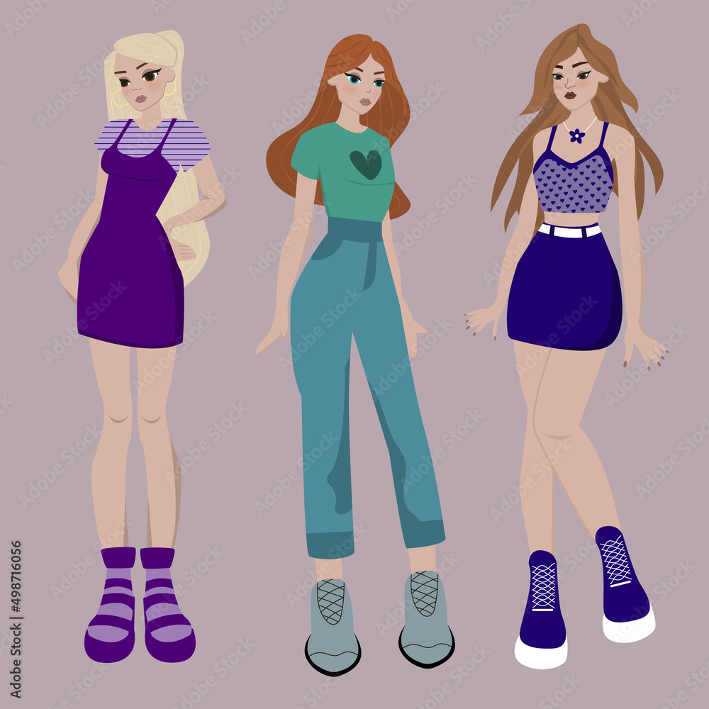 3 teen girls in fashion clothes are posing after shopping depicted in bright colours