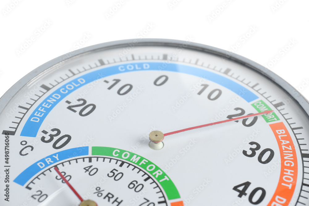 Round mechanical hygrometer on white background, closeup. Meteorological tool Round mechanical hygrometer on white background, closeup. Meteorological tool