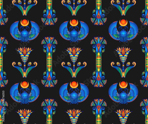 Ancient Egypt. Vintage seamless pattern with Egyptian symbols. Retro hand drawn vector repeating illustration.