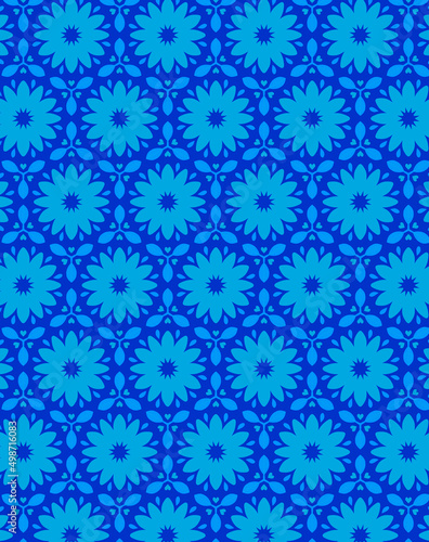 Geometric monochrome pattern with abstract flowers in light and dark blue shades