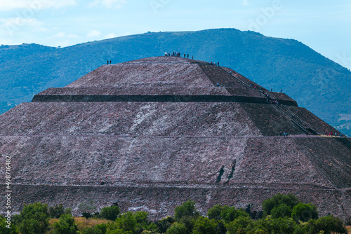 View of the pyramids of Teotihuacan, ancient city in Mexico, located in Valley of Mexico. Teotihuacan pyramids Moon and Sun -Aztecs. UNESCO world heritage