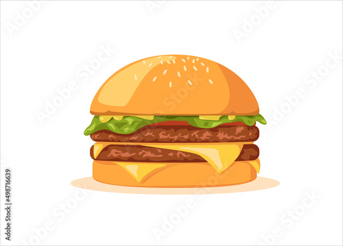 Fresh hamburger or cheeseburger in cartoon style. Vector home sandwiche, street food with deliciou topping isolated on a white background.