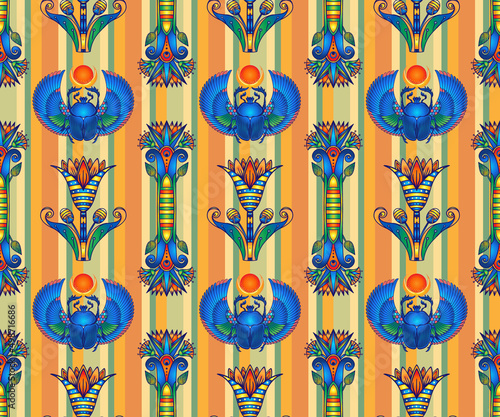 Ancient Egypt. Vintage seamless pattern with Egyptian symbols. Retro hand drawn vector repeating illustration.
