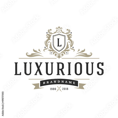 Luxury logo template vector object for logotype or badge design. Trendy vintage royal style illustration, good for fashion boutique, alcohol or hotel brand