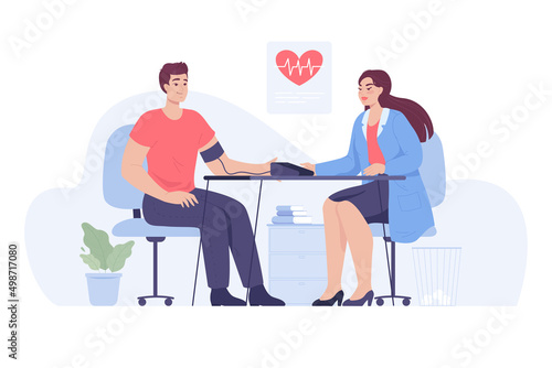 Doctor measuring blood pressure to male patient. Female physician sitting at table in clinic or hospital and checking arterial pressure of sick man flat vector illustration. Cardiology, health concept