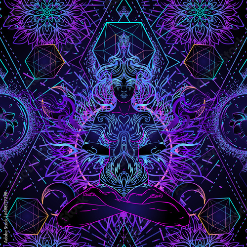 Psychedelic seamless pattern with magic girl sitting and meditation in lotus position over geometry. Vector repeating illustration. Psychedelic concept. Rave party, trance music. Esoteric art.