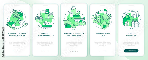 Tips for vegan lifestyle green onboarding mobile app screen. Walkthrough 5 steps graphic instructions pages with linear concepts. UI, UX, GUI template. Myriad Pro-Bold, Regular fonts used