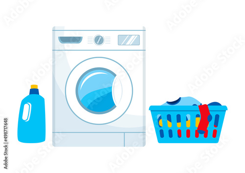 White washing machine, laundry basket and washing powder icon set vector. Laundry icon set isolated on a white background. Dirty clothes in the laundry basket and a bottle of detergent vector