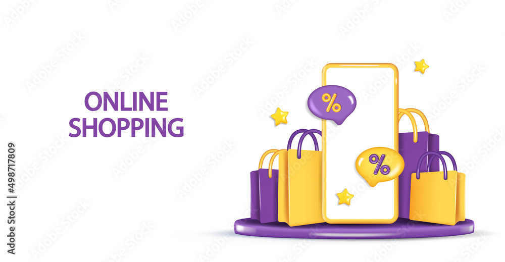 3D e-commerce banner or landing page template. Phone on round podium with cart and shopping items. 3D e-commerce banner or landing page template. Phone on round podium with cart and shopping items.