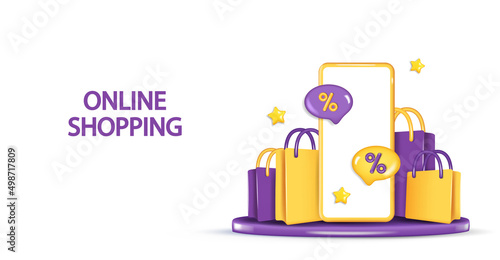 3D e-commerce banner or landing page template. Phone on round podium with cart and shopping items.
