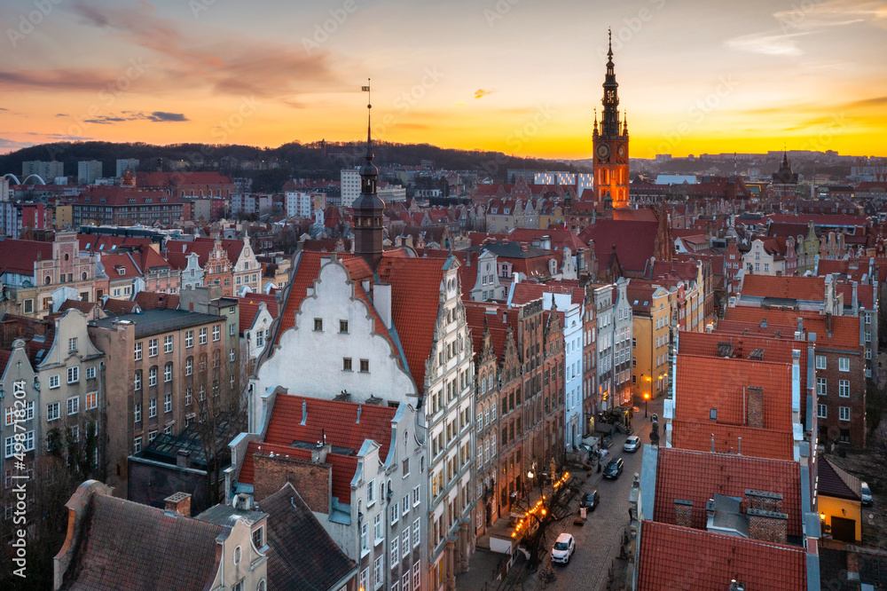 Fototapeta premium Aerial view of the beautiful Gdansk city at sunset, Poland