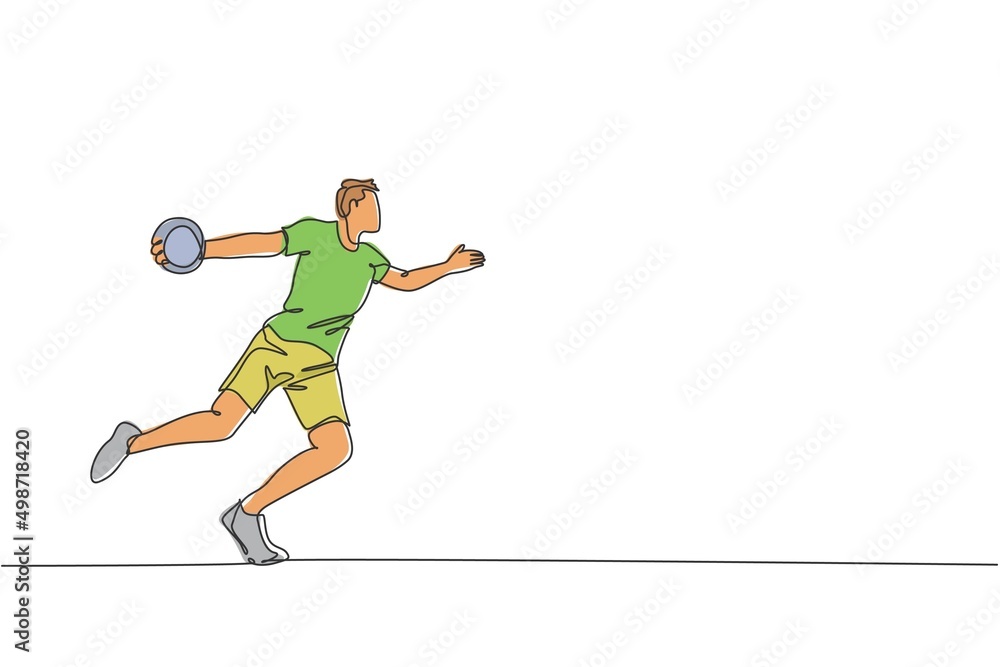 One continuous line drawing of young sporty woman exercise to throw discus on the ground field. Athletic games. Olympic sport concept. Dynamic single line draw design vector graphic illustration