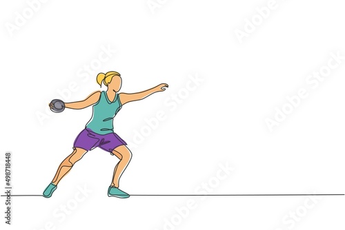 One continuous line drawing of young sporty woman exercise to throw discus powerfully on the field. Athletic games. Olympic sport concept. Dynamic single line draw design vector illustration graphic