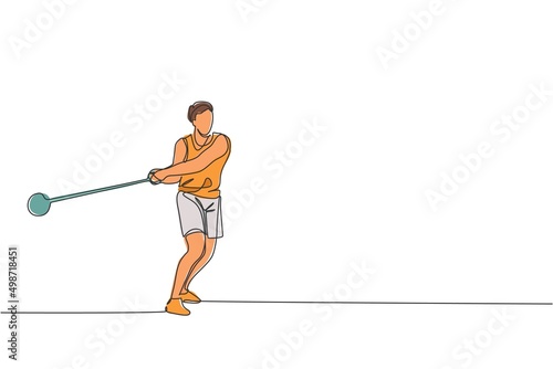 One single line drawing of young energetic man exercise to throw hammer powerfully on field vector graphic illustration. Healthy lifestyle athletic sport concept. Modern continuous line draw design