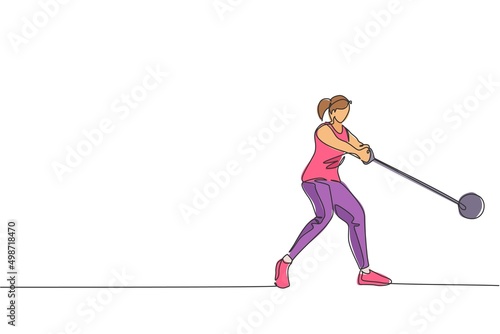 One single line drawing of young energetic woman exercise to focus while swinging hammer throw vector illustration graphic. Healthy lifestyle athletic sport concept. Modern continuous line draw design