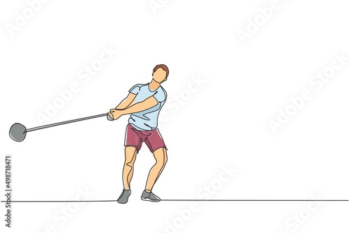 Single continuous line drawing of young sportive man practice to concentrate while swinging hammer on the court stadium. Athletic games sport concept. Trendy one line draw design vector illustration