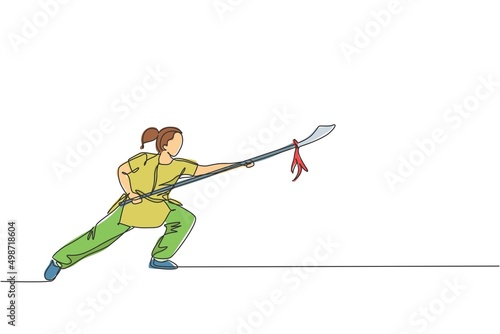 One continuous line drawing young wushu master woman, kung fu warrior in kimono with spear on training. Martial art sport contest concept. Dynamic single line draw design graphic vector illustration