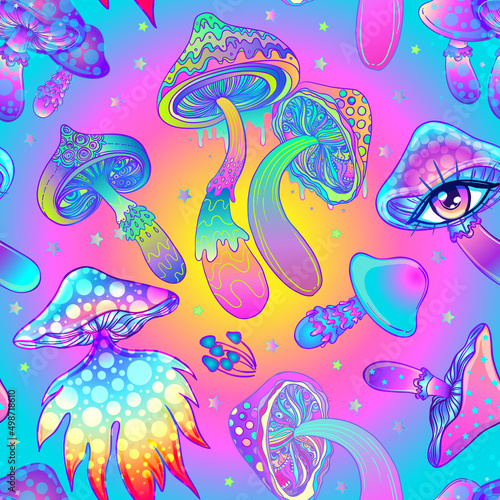Magic mushrooms. Psychedelic hallucination. Vibrant vector illustration. 60s hippie colorful background, hippie and boho texture. Ttrippy wallpaper.