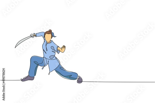 One single line drawing of young woman on kimono exercise wushu martial art, kung fu technique with sword on gym center vector illustration. Fighting sport concept. Modern continuous line draw design
