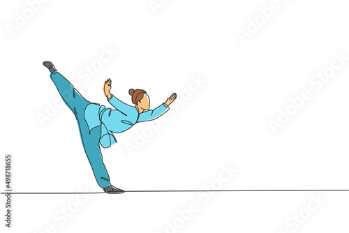 One single line drawing of young woman on kimono exercise wushu and kung fu stance balance technique on gym center vector illustration. Fighting martial art sport concept. Continuous line draw design