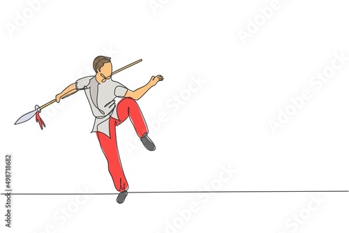 One single line drawing of young man on kimono exercise wushu martial art, kung fu technique with spear on gym center vector illustration. Fighting sport concept. Modern continuous line draw design
