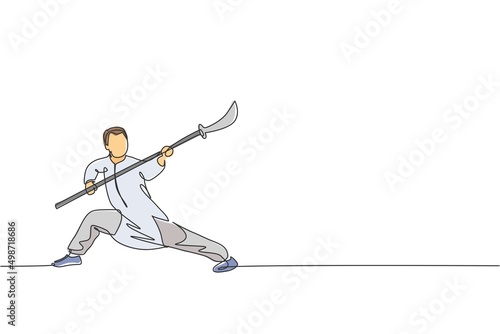 One single line drawing of young man on kimono exercise wushu martial art, kung fu technique with spear on gym center vector illustration. Fighting sport concept. Modern continuous line draw design