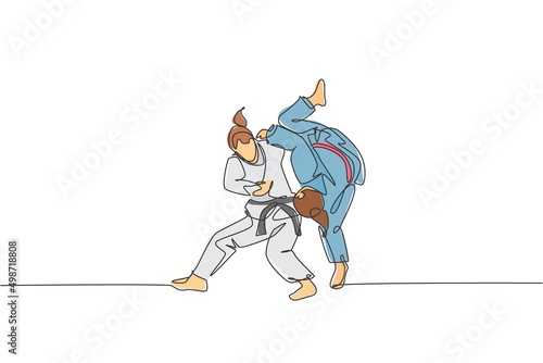 One continuous line drawing two young sporty women training judo technique at sports hall. Jiu jitsu battle fight sport competition concept. Dynamic single line draw design graphic vector illustration