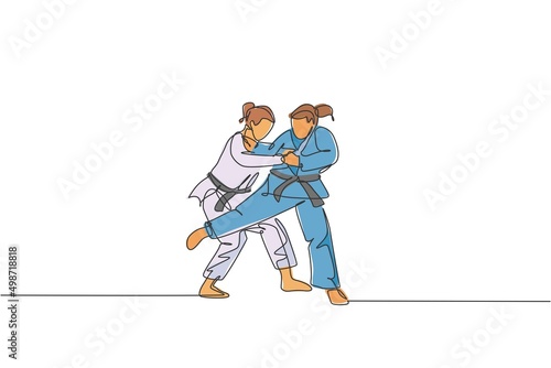 One continuous line drawing two young sporty women training judo technique at sports hall. Jiu jitsu battle fight sport competition concept. Dynamic single line draw design vector graphic illustration