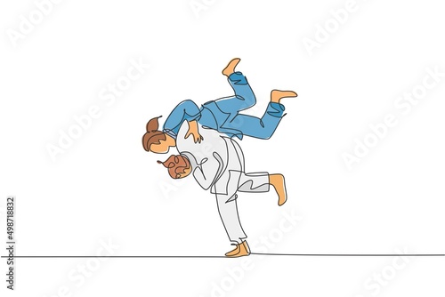 Single continuous line drawing two sportive judoka fighter women practice judo skill at dojo gym center. Fighting jujitsu, aikido sport concept. Trendy one line draw graphic design vector illustration
